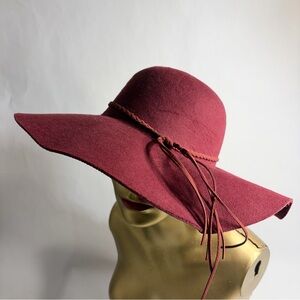 Burgundy Wide-Brim Floppy Hat Boho Western Festival Felt Braided Band Tassel EUC